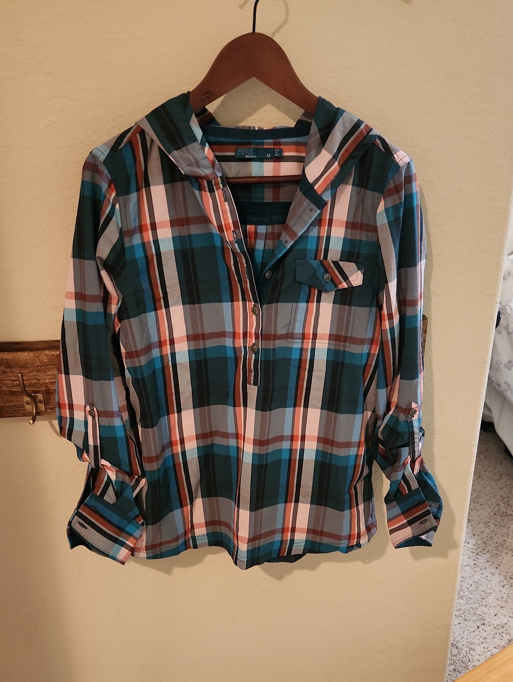 EUC, Prana Plaid Hooded Button-Down Top in Teal, Coral & White